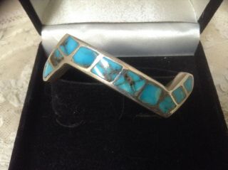 Heavy Vtg Zuni Sterling Silver Cuff Bracelet W/channel - Set Turquoise Inlays,  40g