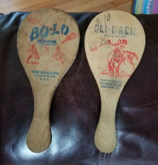 Vintage Fli Back & Bo - Lo Wood Paddle Ball Game Paddles Mid Century Toy