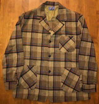 Vintage Pendleton 60s L Blazer Jacket Brown Green Plaid Wool Usa Low Collar Big