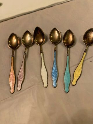 Lovely Set Of 6 Vintage Sterling And Enamel Demi Tasse Spoons.  Pastels