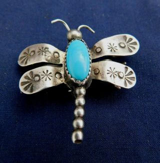 Native American Sterling Stamped Turquoise Handmade Vintage Dragonfly Pin Estate