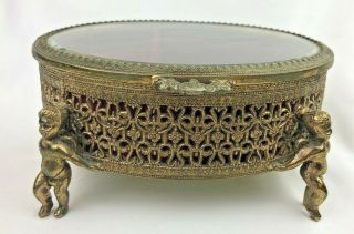 Vintage Cherub Gold Ormolu Filigree Metal Jewelry Music Trinket Box Casket