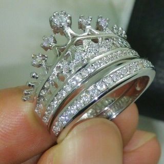 Vintage Lady 2ct D Vvs1 Diamond 14k White Gold Over Crown Wedding Band Ring Set