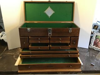 Vintage H.  Gerstner & Sons Oak Wooden Machinist Tool Box Chest W/ 11 Drawers