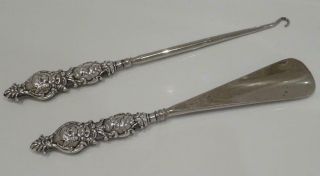 Large Silver Antique Art Nouveau Cherub Design Button Hook & Shoe Horn 1906