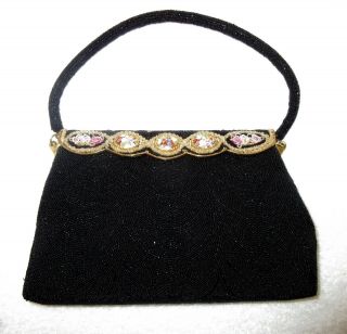 Vintage France Hand Beaded Evening Bag Black Porcelain Tableau 1960s - -