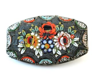 Vintage Micro Mosaic Brooch Pin Gray Floral Italy