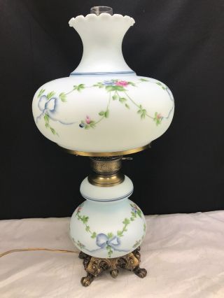 Vintage Hurricane Parlor Lamp Large Hand Painted Flowers 28” Gone With The Wind