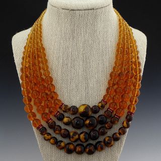 Vtg Jay Strongwater Multi - Strand Amber Tigers Eye Style Bead Rhinestone Necklace