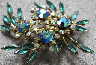 Rare Vintage Juliana Green Blue Aurora Borealis Rhinestone Judy Brooch Pin Gold 3