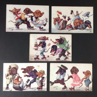 Vintage Tuck Postcards (5) Dachshunds On Roller Skates - So Fun