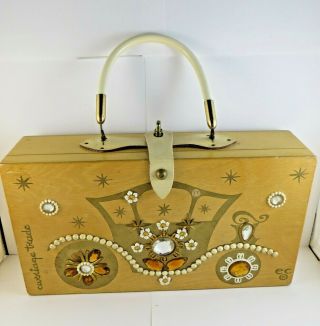 Enid Collins Vintage Cream Gold Rhinestone Jewels Box Bag Purse Carriage Trade