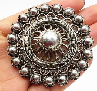 925 Silver - Vintage Antique Ball Beaded Bali Styled Wheel Brooch Pin - Bp2507