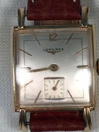 Vintage 14kt Gold Longines Mens Watch With Brown Leather Band