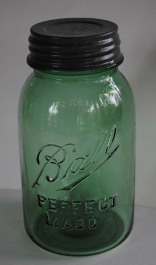 Vintage 1910 1923 Ball Perfect Mason Green Quart Canning Jar W/ Lid Mold 8