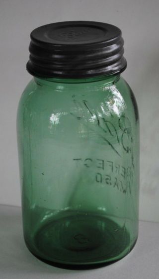 Vintage 1910 1923 BALL PERFECT MASON GREEN QUART Canning Jar w/ Lid Mold 8 3