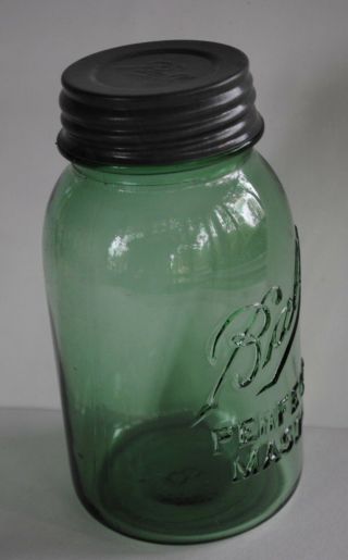 Vintage 1910 1923 BALL PERFECT MASON GREEN QUART Canning Jar w/ Lid Mold 8 4