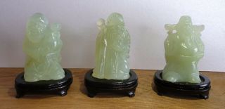 3 Vintage Bowenite Serpentine Hand Carved Statues Three Elders Figurines (jade)