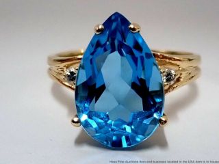 Huge Vintage 14k Gold Natural 4.  47ct Blue Topaz Fine Diamond Ladies Ring Size 7