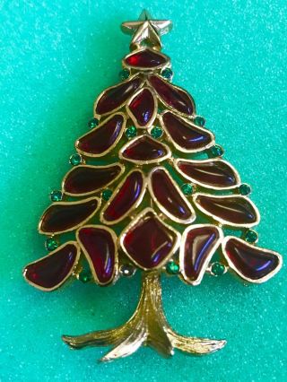 Rare Vintage Crown Trifari Red Christmas Tree Brooch Pin