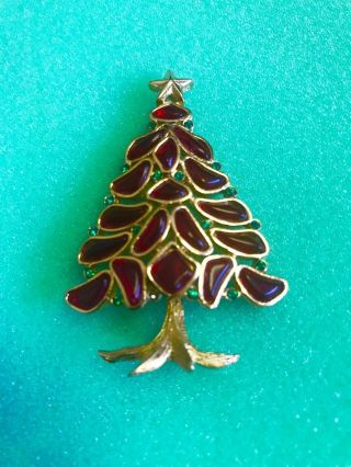 Rare Vintage Crown Trifari Red Christmas Tree Brooch Pin 4