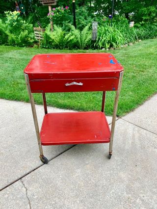 Vintage Metal Red Rolling Cart With Drawer