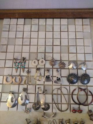 VINTAGE STERLING SILVER 32 PC EARRINGS TAXCO MEXICO ZUNI UNIQUE SIGNED NOT SCRAP 2