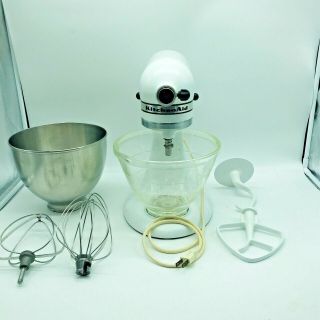 Vintage K45 White Hobart Kitchen Aid 10 - Speed Stand Mixer W/glass Bowl/extras