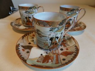 Japanese Porcelain Tea Cups And Saucers X 3 Figures In Landscape
