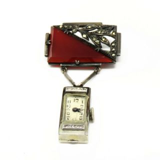 Nyjewel Estate Antique 18k Platinum Diamond Watch With Silver Red Stone Brooch