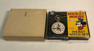 Vintage Walt Disney World Mickey Mouse Railroad Bradley Pocket Watch On Chain