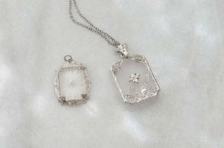 Vtg Art Deco Silver Camphor Glass Pendant Necklace 16 " And Small Camphor Charm