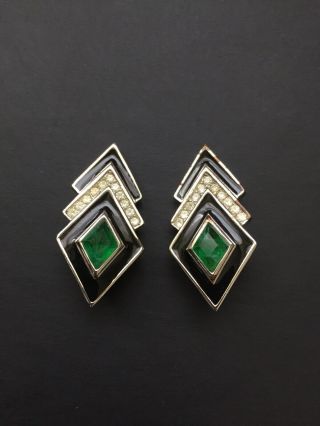 Vintage Christian Dior Green Glass Black Enamel Earrings