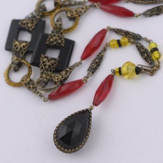 Vintage Art Deco Glass & Celluloid Dangle Sautoir Flapper Necklace