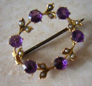 Victorian Amethyst & Pearl Brooch Pin In Gold By Gourdel Vales & Co France 1880