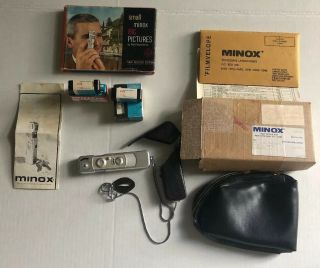 Vintage Minox B Spy Camera With Film And Leather Case 1:3.  5 F=15mm Lens And Mofd