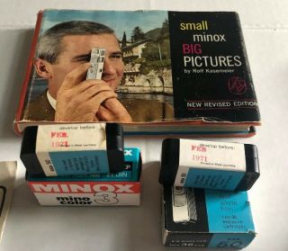 VINTAGE MINOX B SPY CAMERA WITH FILM AND LEATHER CASE 1:3.  5 f=15mm LENS And Mofd 8