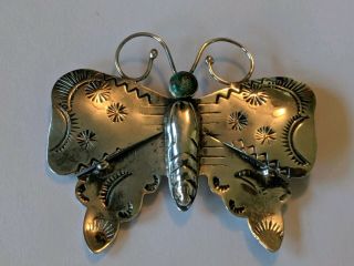 Vintage Navajo Sterling Turquoise Stamped Butterfly Pin Brooch