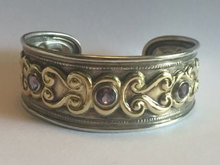 Vintage Sterling Silver & 18k Yellow Gold Amethyst Cuff Bracelet Italy