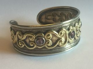 Vintage Sterling Silver & 18k Yellow Gold Amethyst Cuff Bracelet Italy 2