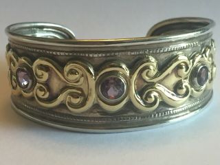 Vintage Sterling Silver & 18k Yellow Gold Amethyst Cuff Bracelet Italy 4