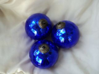 Cracked Glass Ornaments Vintage Blue Kugel 4 " Brass Top Christmas Set Of 3