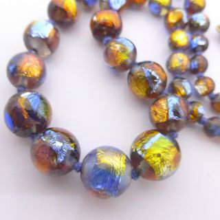 Vintage Venetian Opalescent Foil Glass Bead Necklace - Knotted Deco Glass Beads