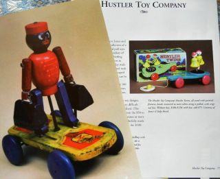 6p History Article,  Pics - Rare Antique Hustler Toy Company Wood Pull Toys,