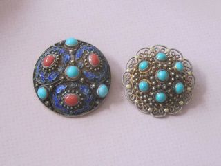 Two Vintage Chinese Sterling Silver Filigree Vermeil Turquoise Brooch Pins
