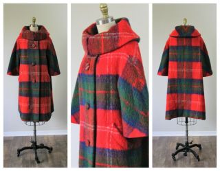 Vintage 1950s 1960s Lilli Ann Red Holiday Plaid Wool Mohair Coat Wedding Ring