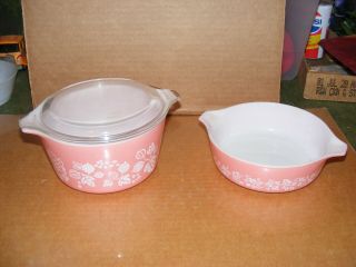 2 Vintage Pyrex Pink Gooseberry Casseroles & 1 Lid 471 & 473 2