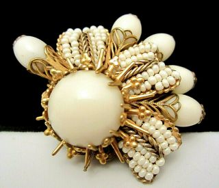 Rare Vintage 2 - 1/4 " Signed Miriam Haskell Goldtone Milk Glass Bead Brooch Pin A7