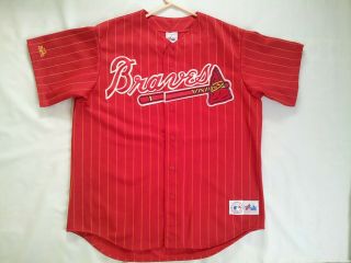 Vintage Made In Usa Majestic Atlanta Braves Red With Pinstripe Jersey In Size L