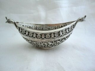 Large Kutch Indian Solid Silver Boat Shaped Bowl,  Bird / Fish Twin Handles C1890